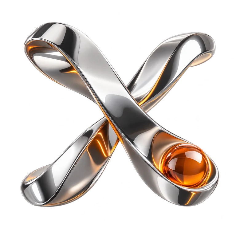 Chrome X sculpture with orange glass